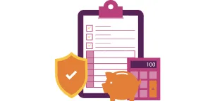 illustration of a clipboard checklist, piggy bank and calculator