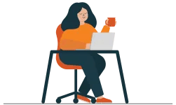 An illustration of a woman at a desk with coffee looking at her computer