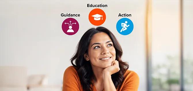 Smiling woman with icons for guidance, education and action