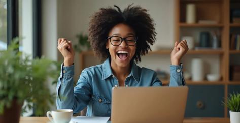 Ecstatic Black woman celebrates winning something on laptop. Her arms are raised in joy. She wears glasses and a denim shirt. Success, good news and achievement are evident.