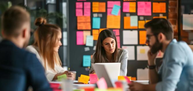 A group of people in small room in a business office, in the style of innovative, sticky notes on board