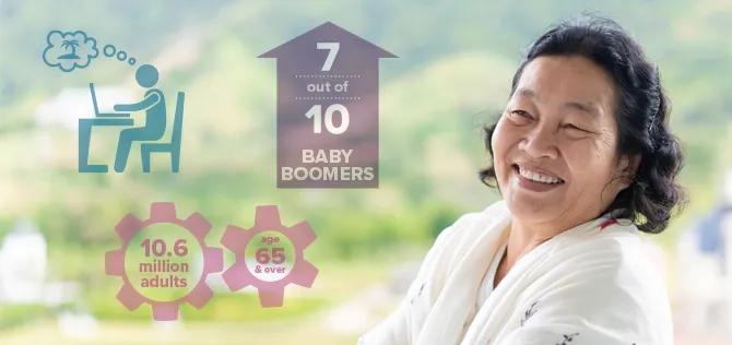 woman smiling with graphics in the background