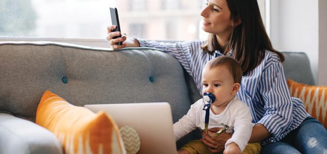 Mother and son at home.