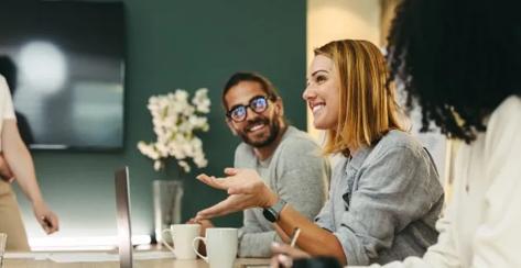 Happiness in the workplace - happy smiling people working