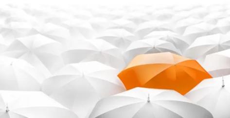 Graphic image depicting a sea of white umbrellas and featuring one orange umbrella 