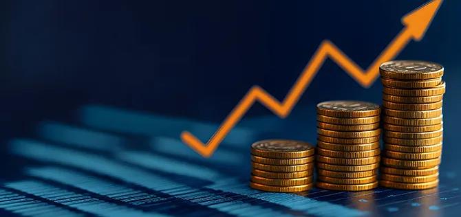 coin stacks and financial arrow