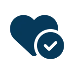 Voya dark blue icon of a heart with a circle check inside the heart