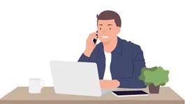 An illustration of a man on the phone looking at his laptop computer