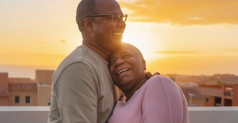 Happy Latin senior couple having romantic moment embracing on rooftop during sunset time - Elderly people love concept