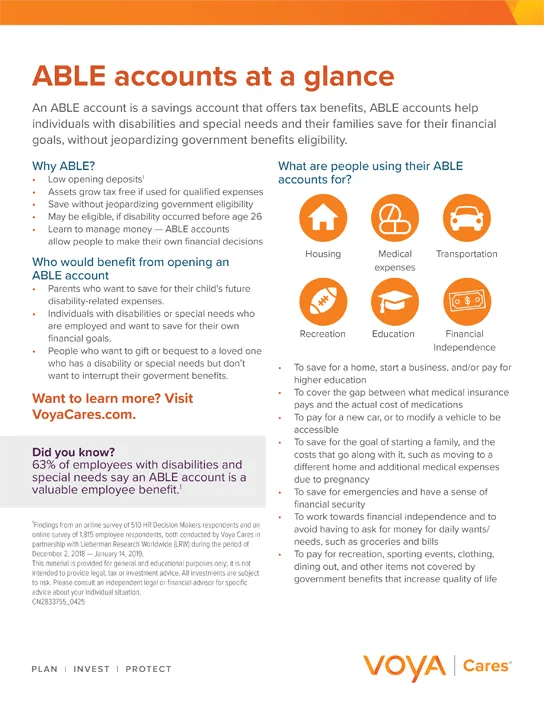 Thumbnail of PDF covering ABLE accounts at a glance. Includes words and icons. Please download full PDF for accessible content. 