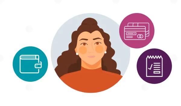 graphic image of woman who is concerned about her financial health, surrounded by 3 icons depicting financial wellness,,