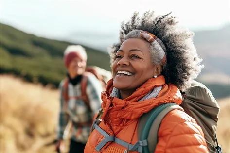 Black happy senior woman portrait while she hiking in mountains with backpack. African american smiling old woman close up walking in nature. Retired hobby healthy lifestyle